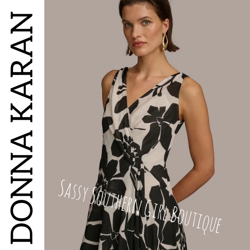 🆕⭐ Donna Karan Black Label White Black Floral Midi Dress - Picture 6 of 14